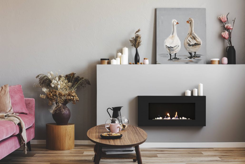 Decorative electric fireplace in a home.